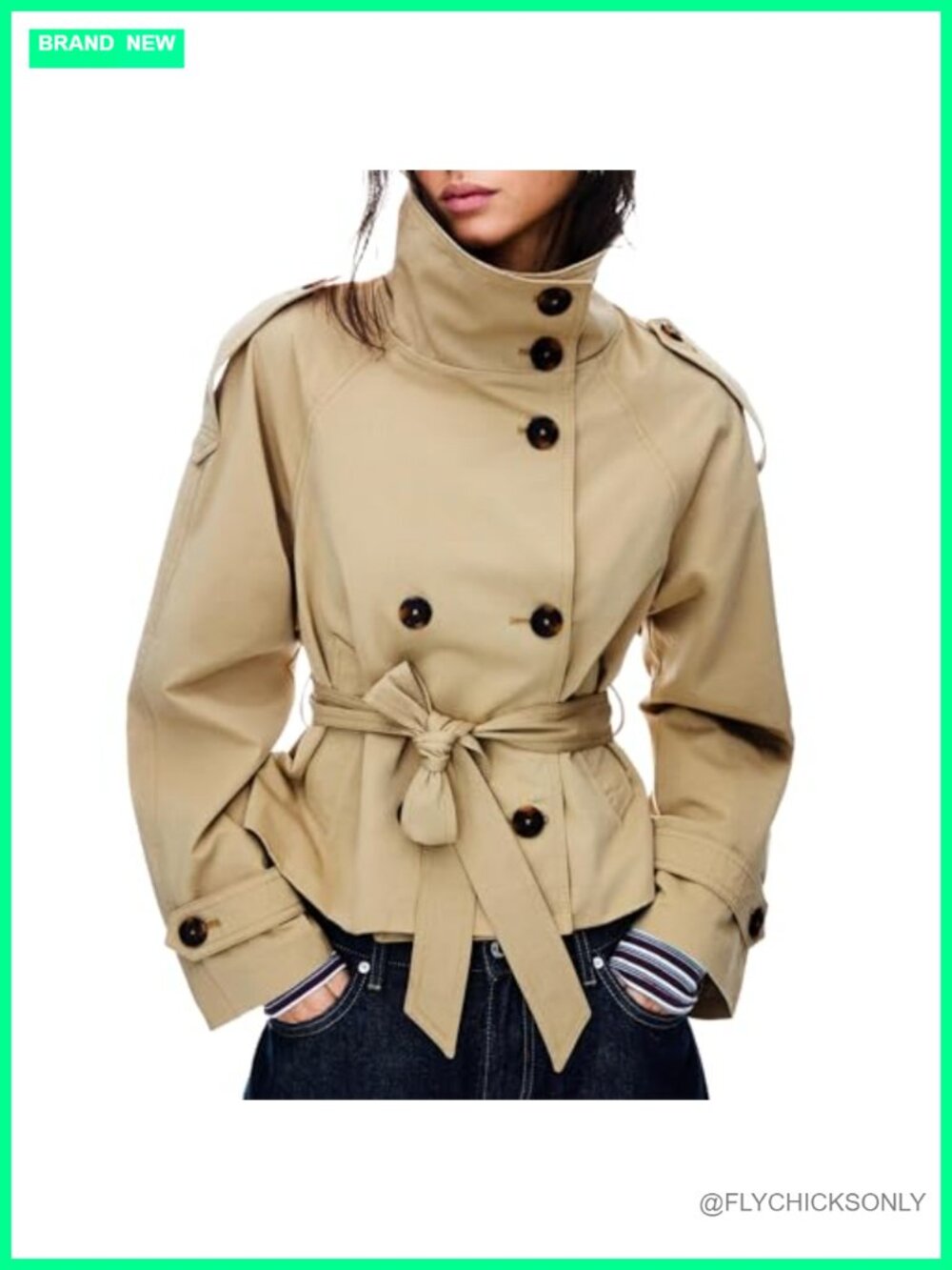 Cropped Trench Coat Double Breasted Belted Funnel Neck Fall